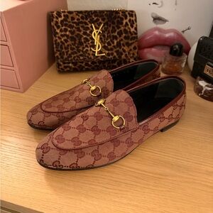 Gucci Women's Burgundy Monogram Jordaan Loafers GG Canvas 39.5
